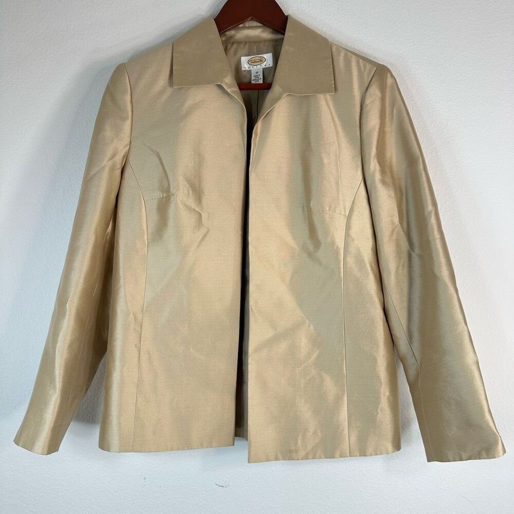 Vintage Talbots 100% Silk Metallic Gold Blazer Womens 10P Open Front‎ Glam Chic